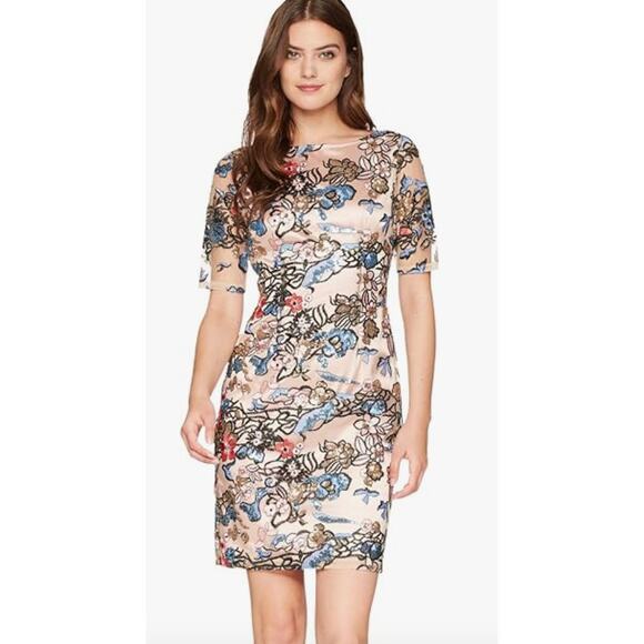 Tahari Floral Sequin Embroidered Dress Size 12 Nude Mesh Overlay Cocktail Party - Picture 1 of 7